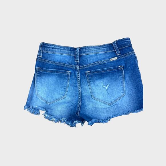 KanCun Daphne Mid Rise Shorts | Medium | Faded Dark Blue, Frayed Hem - Picture 4 of 9
